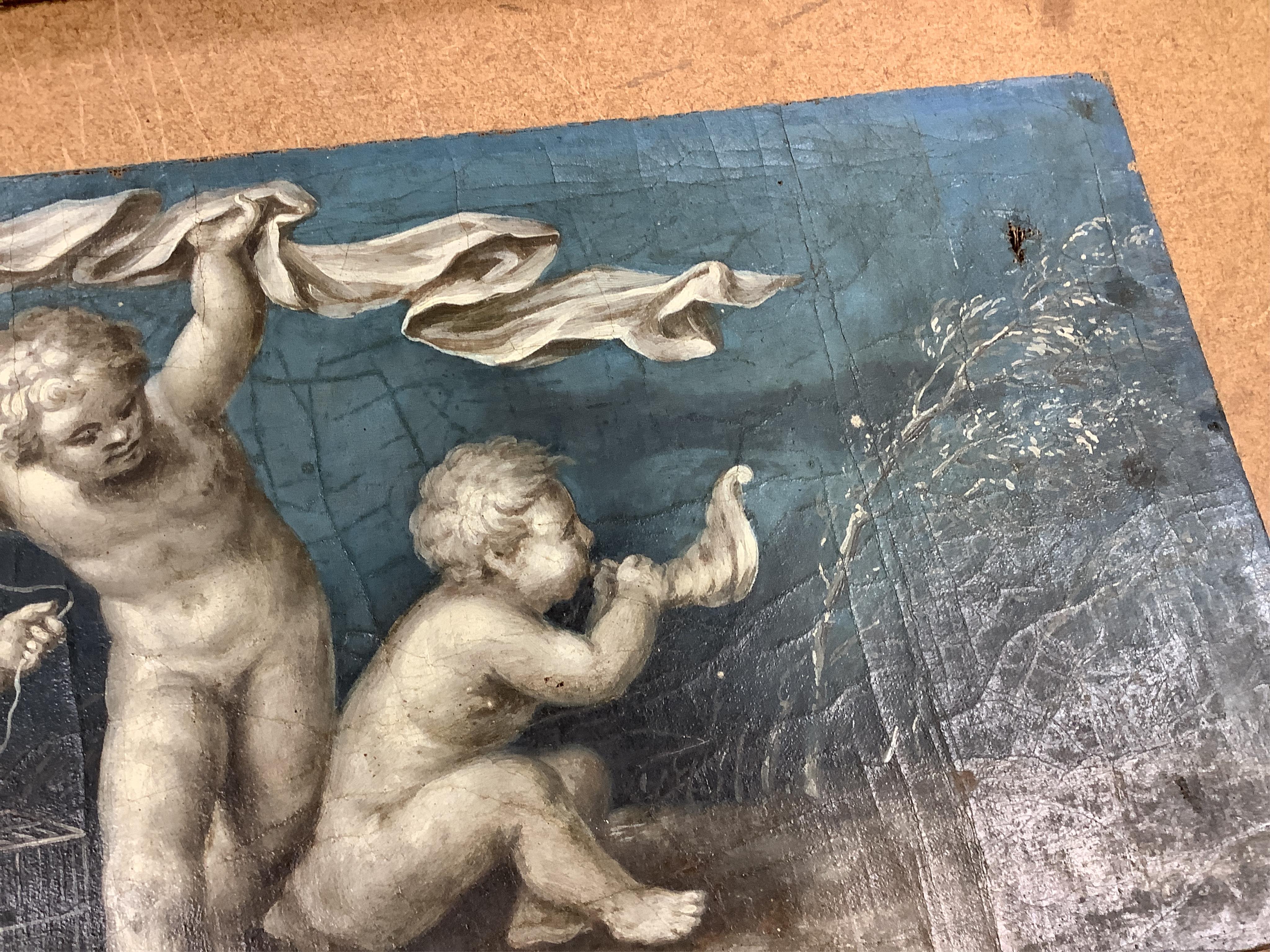 18th century, Italian School, Classical compositions, cherubs and dolphins, pair of oils on canvas, unframed, 23 x 113cm